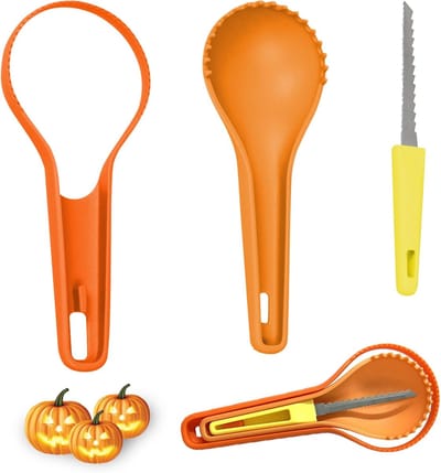 Pompoen snijset - 3 in 1 - Halloween pompoen snijset - Snijgereedschap - Pompoenverwijderaar - Lepel met roestvrijstalen snijmes - Pompoen snijset - Halloween decoratie snijgereedschap - Oranje