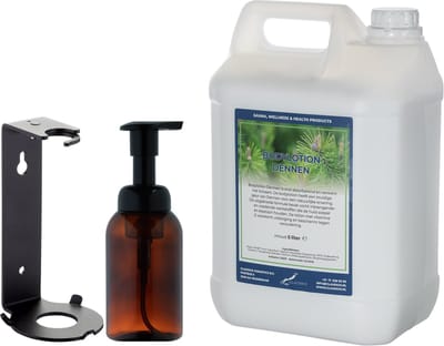 Zeepdispenser 300 ml amber bruin hervulbaar + 5 Liter Bodylotion Dennen navulling (inclusief beugel)