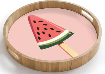 Dienblad rond 40x40 cm - Schootdienblad hout - Watermeloen - Ijsje - Pitjes - Rood - Borrelplank rechthoek - Plateau houten dienbladen