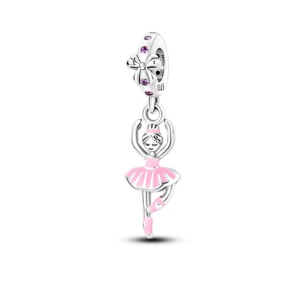 Fler® | Bedel | Past op populaire bedel armbanden (standaard-3mm) | armbandbedel | Bedel Ballet meisje | Ballerina | Dansen | Ballet | Hangbedel Charm | 925 Sterling Zilver | Emaille Roze | Zirkonia Paars | Armband Kraal | Cadeau | Valentijn kado