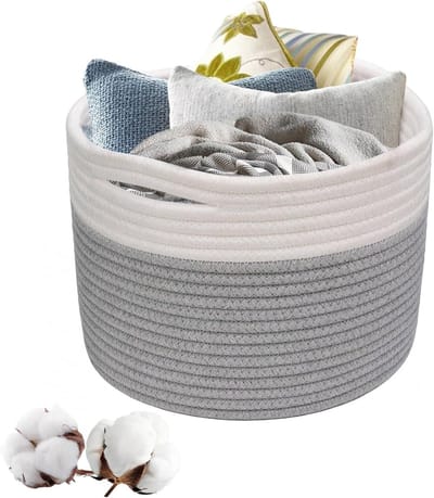 Woven Wasmand van Katoen met Handvatten, Stapelbare Opbergmand voor Kleding, Speelgoed en Huishoudelijke Benodigdheden in Grijs en Wit