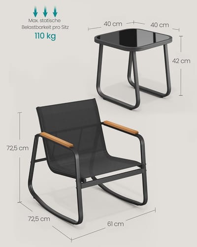 Schommelstoel Balkonset ABTkantoor – 2-Persoons Tuinmeubelset Zwart met Tafel – Stabiel Stalen Frame en Ademend Kunstvezelweefsel voor Balkon, Tuin, Terras of Patio