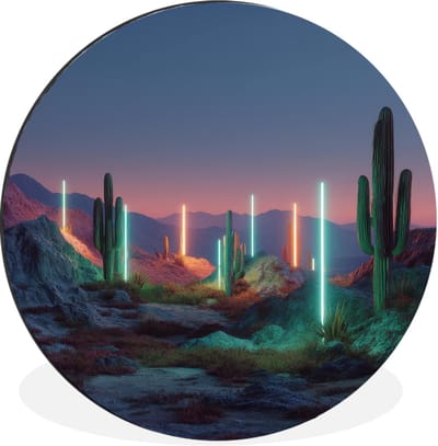 WallCircle - Wandcirkel - Muurcirkel - Cactus - Lichtzuilen - Zonsondergang - Aluminium - Dibond - 30x30 cm - Binnen en Buiten