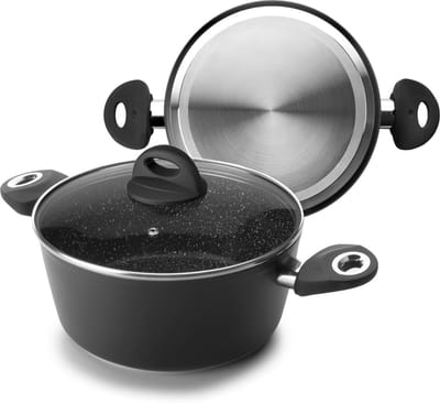 Kookpan met deksel - Stoofpan Koekenpan - Inductie Koken - Antiaanbak Steenmotief - 28 cm Diameter - Zwart