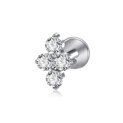 Titanium labret Zilver - 1.2mm - 8 mm - Labret met 4 steentjes in Ruit klein - Lev Sieraden - Externally threated - labret piercing - neuspiercing staafje - tragus piercing - Oorpiercing - Madona piercing