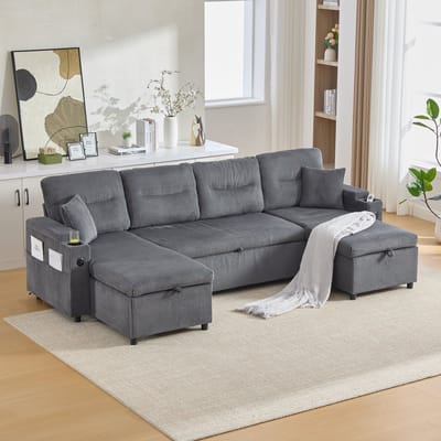 MODFU 4-Zits Hoekbank - Dubbele Chaise Longue En Opbergruimte - Modern - Voor Woonkamer - Ribfluweel - Koolstofgrijs