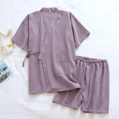 Style Estival le Plus Récent Kimono Japonais Pyjama Ensemble Couple Coton Crêpé Fin Hommes Manches Courtes Short de Loisirs Deux Pièces Femmes Service Maison XL gray