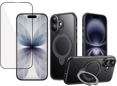 Hoesje met Ringhouder & Screenprotector geschikt voor iPhone 17 - Geschikt voor MagSafe - 360° Kickstand - Full Screen Gehard Glas – Zwart