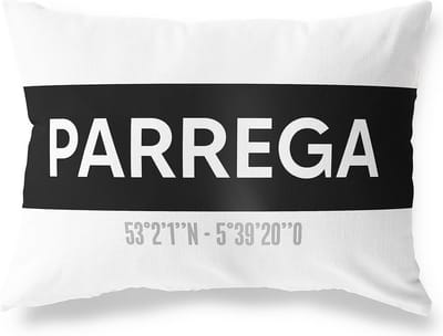 Tuinkussen PARREGA - FRIESLAND met coördinaten - Buitenkussen - Bootkussen - Weerbestendig - Jouw Plaats - Studio216 - Modern - Zwart-Wit - 50x30cm