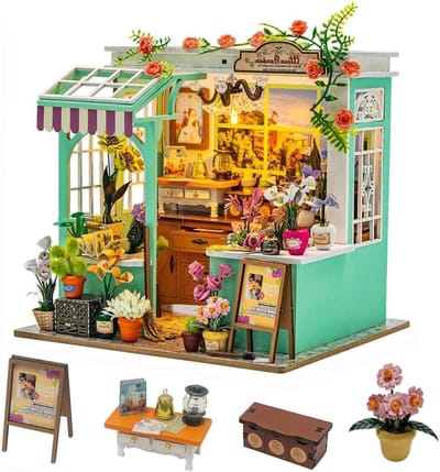 Poppenhuis Kit - Miniatuur Huis - Hobby Project - Met LED Verlichting - 16.5 cm Hoog - Houtkleurig