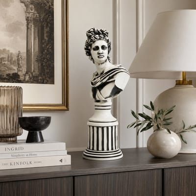 Klassiek Apollo Beeld op Sokkel – Zwart Wit Polyresin Buste 45 cm – Grieks Romeins Standbeeld – Luxe Beeldhouwwerk Ornament – Decoratief Kunstbeeld voor Woonkamer, Hal, Kantoor, Hotel, Dressoir & Interieurdecoratie