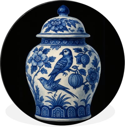 WallCircle - Wandcirkel - Muurcirkel - Pot - Delfts Blauw - Bloemen - Aluminium - Dibond - 30x30 cm - Binnen en Buiten