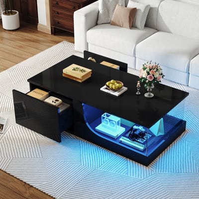 MODENUIT Salontafel - Met LED, 2 Lades En Glasplaat - Voor Woonkamer En Werkkamer - MDF En Glas - 100x50x30 Cm - Zwart
