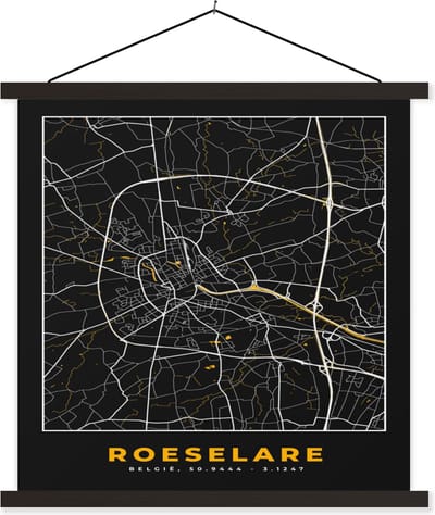 Posterhanger incl. Poster 60x60 cm - Schoolplaat - Roeselare - Kaart - Goud - Stadskaart - Plattegrond - Textielposter - Zwarte latten - Stadskaart
