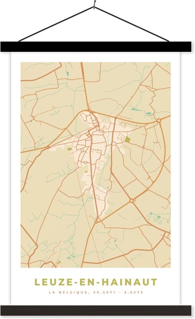 Posterhanger incl. Poster 40x60 cm - Schoolplaat - België - Leuze-en-Hainaut - Kaart - Stadskaart - Plattegrond - Textielposter - Zwarte latten - Stadskaart