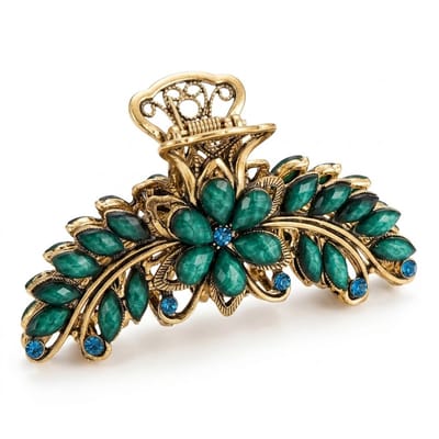 Groen Goudkleurige Haarklem Dames Bloem Haar klem Vintage Design Strass Haarclip Metaal met Groene Steentjes