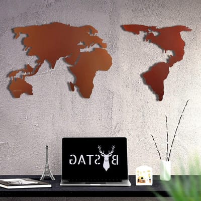 Metalen Wereldkaart - Wanddecoratie Metaal - Woonkamer Decoratie - 100% Metaal - 60 x 120 cm - Brons