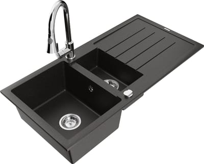 Mexen Andres granieten spoelbak 1,5-komorige met afdruiprek en keukenmengkraan Elia, zwart/goud metallic - 6515-75-670101-00