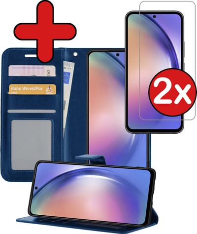 Hoesje - Met 2x Screenprotector - Geschikt voor Samsung Galaxy A54 - Luxe Pasjeshouder - Flip Case - Bookcase Portemonee - Kunstleer Book Case - Flipcase Hoes - Book Cover - Walletcase - Portemonneehoes - Telefoonhoes - Donkerblauw