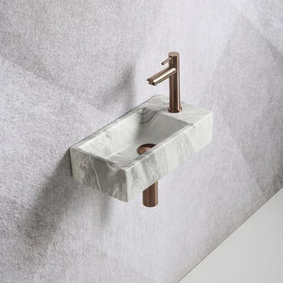 Fonteinset Mia 40.5x20x10.5cm marmerlook wit grijs rechts inclusief fontein kraan, sifon en afvoerplug copper