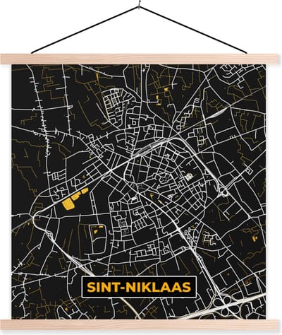 Posterhanger incl. Poster 40x40 cm - Schoolplaat - Sint-Niklaas - Plattegrond - Stadskaart - Goud - Kaart - Textielposter - Blanke latten - Stadskaart