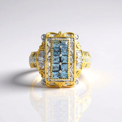 Cavill - Zilveren Damesring 925 Sterling met 10 Princess Aquamarijn & Zirkonia Accenten - Palladiumlaag - 1,003 ct - Elegante Blauwring uit Tanzania