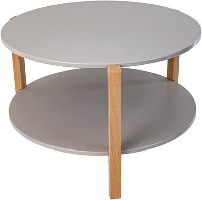 Salontafel, rond, beige, MDF-blad, poten van beukenhout, tijdloos Scandinavisch design, ideaal voor woonkamer, slaapkamer