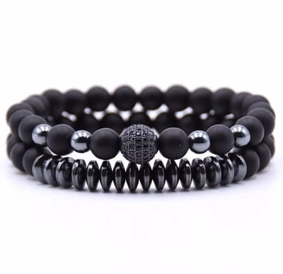 Natuursteen heren armband set zwart - heren armband - kralen armband - elastische armband natuursteen
