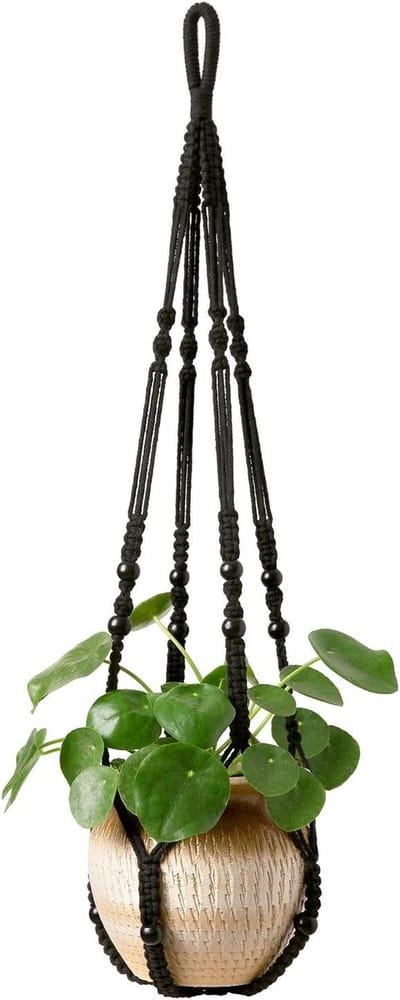 Macrame Plantenhanger voor Binnen en Buiten - 89 cm Zwarte Hangende Plantenmand met Houten Kralen - Decoratieve Bloempot Houder voor Boho Thuisdecoratie - Geschikt voor Alle Standaard Potten - Geen Kwastjes