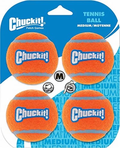 Chuckit! Tennis Ball - Hondenspeelgoed - Hondenbal - Natuurlijk rubberen kern - Medium - Ø6 cm - Oranje/Blauw - 4 Stuks