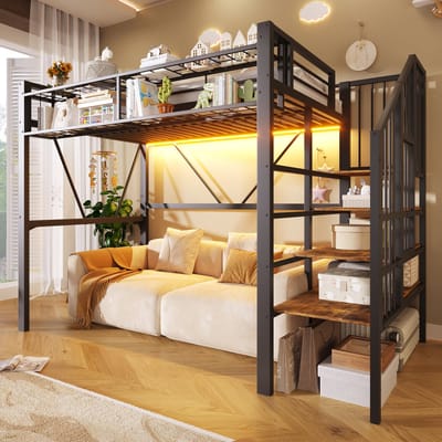 Hoogslaper 90 x 200 cm, Metalen bed, Kinderbed, Opstapje, Gaaselementen, Opbergmand, Open Opbergruimte onder het Bed, met Led-lichtstrip, Exclusief Matras-Zwart-90*200cm
