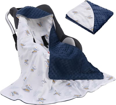 Dubbelzijdig babydekentje van puur katoen, universeel dubbelzijdig ontwerp, Geschikt voor kinderwagens, autostoeltjes en kinderwagens, blauw-witte strepen, 90 x 90 cm.