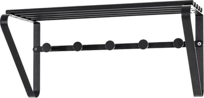 Wandkapstok – Zwart rondstaal gepoedercoat – Hoedenplank – 45x18x20 cm – 5 haken – Compact industrieel design