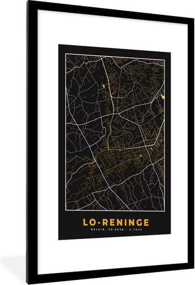 Fotolijst incl. Poster - Kaart - Lo-Reninge - Zwart - Stadskaart - Plattegrond - 60x90 cm - Posterlijst