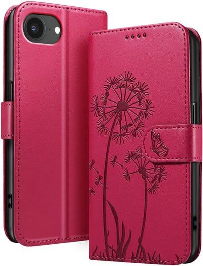 Zanae, Portemonnee Hoesje Geschikt voor Apple iPhone 17e Premium Design Bloemen Vlinder, Rood