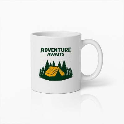 Adventure Awaits Mok 330ml – Kampeer Koffiebeker voor Natuur- & Reisliefhebbers – Perfect Cadeau voor Wandelaars, Kampeerders & Avonturiers