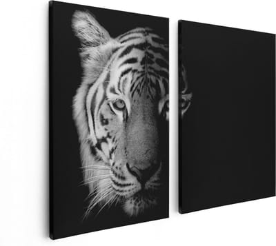 Artaza Canvas Schilderij Tweeluik Tijgerkop - Tijger - Zwart Wit - 80x60 - Foto Op Canvas - Canvas Print