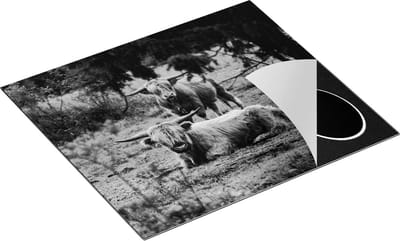 Chefcare Inductie Beschermer Twee Schotse Hooglanders in de Bossen - Zwart Wit - 60x50 cm - Afdekplaat Inductie - Kookplaat Beschermer - Inductie Mat
