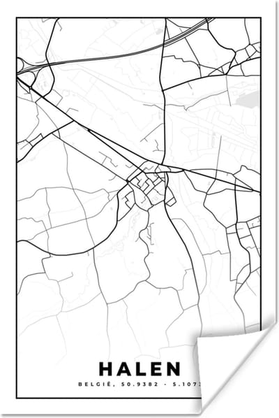 Poster Zwart Wit – België – Plattegrond – Stadskaart – Kaart – Halen - 120x180 cm XXL