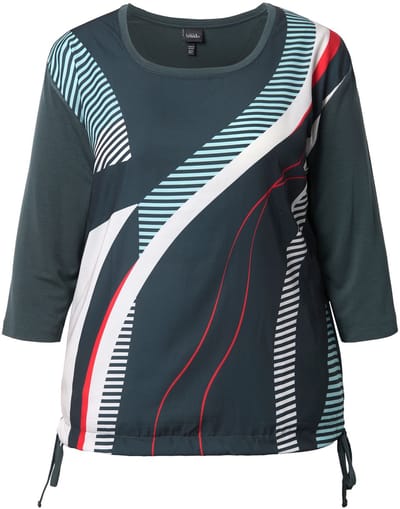 Ulla Popken - Dames - Shirt strepen oversized ronde hals 3/4-mouw zoomband - Dennengroen - Maat 42+