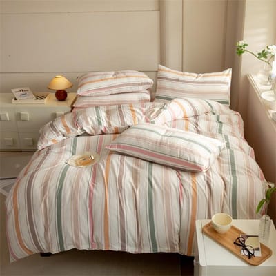 Gestreept Dekbedovertrek Set Queen 100% Gewassen Katoen Beddengoed Set, Luxe Zacht Roze Verticale Strepen Dekbedovertrek, (3 stuks) Double 180x220cm
