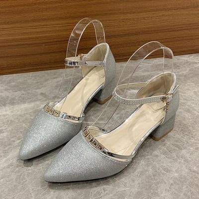 Rimocy Mode Bling Vierkante Hakken Pumps Dames Puntige Neus Medium Hakken Casual Schoenen Vrouw Enkelbandje Goud Zilver Hoge Hakken Schoenen 39 zilver