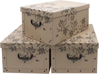 Set van 3 Grote Opbergdozen met Deksel en Handvatten - 45L Stapelbare Kartonnen Opslagboxen Bruin Bloemenprint