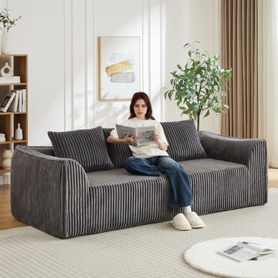 Gebogen corduroy bank 235 cm - Zacht corduroy, geen montage - 2 bijpassende kussens, royale zitdiepte - Stootvriendelijk schuim, modulair verplaatsbaar - Geschikt voor woonkamer, appartement en slaapkamer