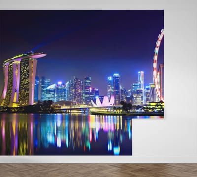 Neon verlichting in de nachtelijke skyline van Singapore - Fotobehang (in banen) - 350 x 260 cm
