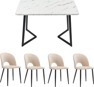 Eetset Eettafel met 4 stoelen Beige Fluweel Eetkamerstoel Verstelbare stoelpoten Keukentafelset Zwarte tafelpoten