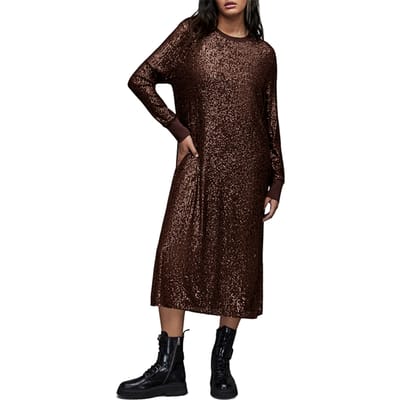 AllSaints Juela Crew Dress Dark Brown Maat: S | Midi Jurken Outlet | Dames | Bruin