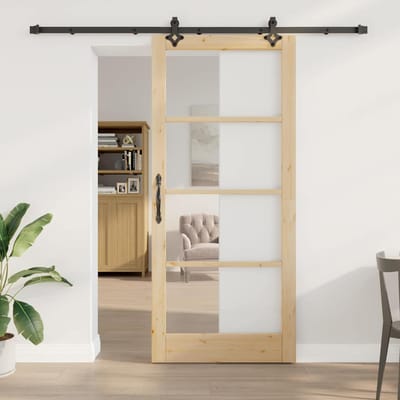 vidaXL - Schuifdeur - Naturel - 93 - x - 211 - cm - Massief - grenenhout - en - glas