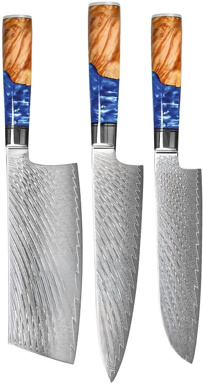 Shinrai Knives - Epoxy Sapphire 3-delige Damascus Messenset - Koksmes + Nakiri + Santoku