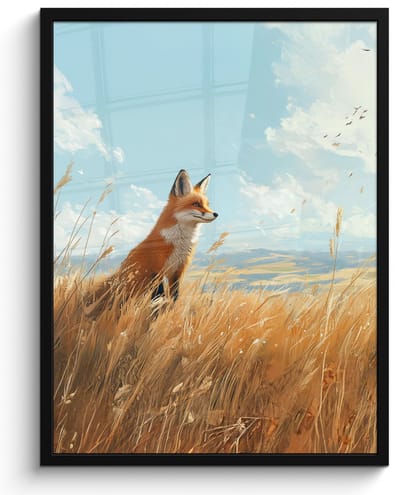 Poster in lijst - Fotolijst 50x70 cm - Posters - Vos - Gras - Wolken - Oranje - Posterlijst zwart - Decoratie - Wanddecoratie woonkamer - Muurdecoratie slaapkamer
